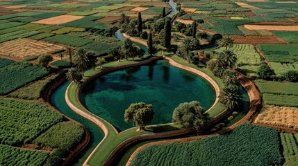 Aerial View of Lush Green Fields Surrounding a Serene Emerald Lake with Winding Waterways