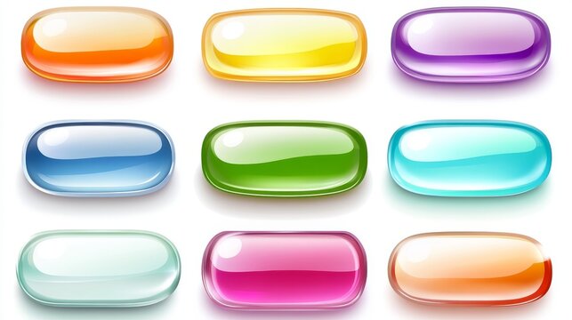 Collection of cartoonish glossy button elements in various translucent colors, each with jelly-like appearance and highlight reflections, arranged in grid pattern, vector-style clean edges, white