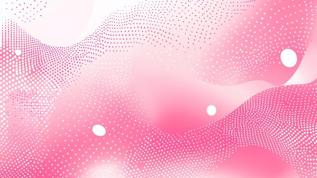 Contemporary vector illustration featuring polka dot pattern with gradient density, pale pink background with varying sized white dots creating flow pattern, subtle glossy highlights mimicking
