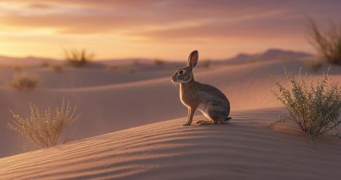 Desert hare silhouette on sand dune under warm sunset