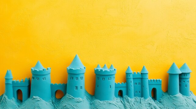 Top-down view of fairytale-inspired kinetic sand castles in teal blue, showing detailed sculpting work with moats and bridges, arranged along bottom edge of frame against marigold yellow background,