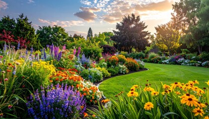 Obraz premium A beautiful spring garden landscape featuring pink blossoms and red flowers in a lush park with green grass, trees, and a winding path through the blooming nature