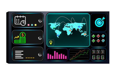 Business data analytics dashboard with global map visualization.