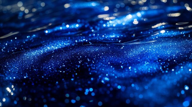 Hypnotic deep indigo beverage surface with floating diamond dust and mica powder creating a metallic shimmer effect, captured at the moment of gentle agitation with ripples distorting light into