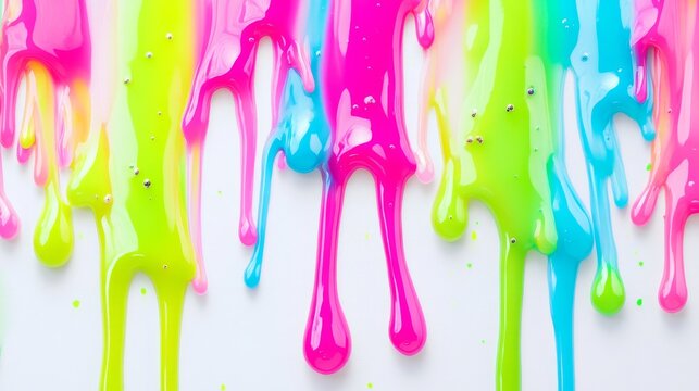 Hypersaturated seamless pattern of glossy rainbow slime drips cascading endlessly, vibrant neon pink, electric blue and lime green viscous streams flowing downward against clean white background,