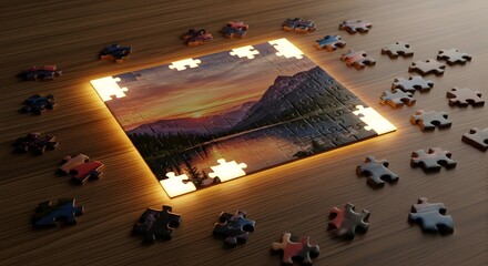Obraz premium Partially assembled jigsaw puzzle featuring a glowing mountain lake sunset scene on a wooden table with scattered loose pieces around the perimeter