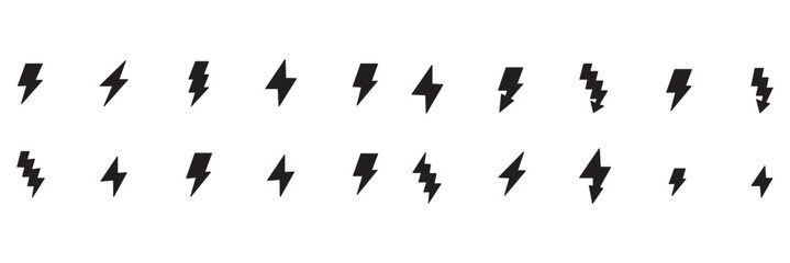 Obraz premium Black lightning bolt icons set vector illustration showing energy, electricity, thunder power, high voltage, and speed symbol for technology, weather, and energy design concept.