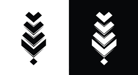 A striking black and white abstract design featuring symmetrical chevron patterns and a diamond shape below © Shakil