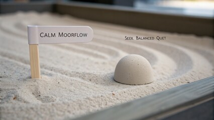 Tranquil Sand Therapy Scene with Calm Moorflow Sign and Relaxation Symbol in Serene Environment for Mindfulness Practice