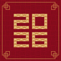 2026 chinese new year poster, golden numbers on red background, asian traditional decorations