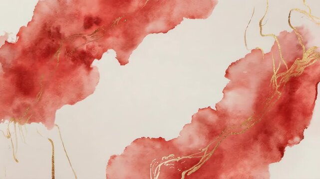 Abstract red watercolor background copy space, shimmering golden ink veins slowly grow across the red wash
