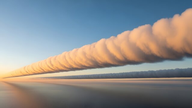 Long, tubular Morning Glory clouds stretching across the horizon over a calm sea, illuminated by the warm, golden glow of a rising sun against a clear blue sky.