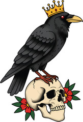 Obraz premium Black Crow with Crown on Skull.