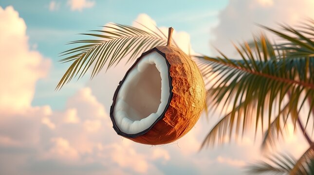 Tropical Coconut Halved with Palm Fronds Against Sunset Sky
