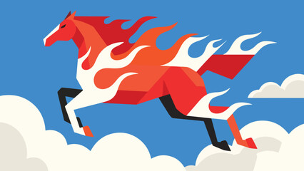 Illustration Of Fire Horse Jumping Between Clouds And Fired Vector Design Template