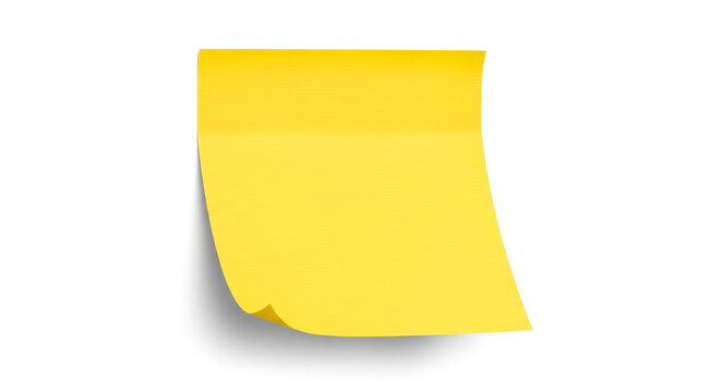 Yellow sticky note with curled edges on a white background.