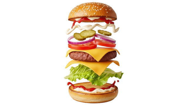 Burger Layers. Floating Ingredients in Falling Background Set