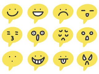 Cute Hand Drawn Yellow Speech Bubble Emoji Icons Set with Various Facial Expressions