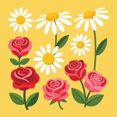 A bouquet of roses and daisies in full bloom on a bright yellow background viewed from directly above