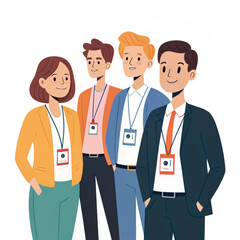 Fototapeta premium Diverse group of professional colleagues smiling and networking at a corporate conference or business event, wearing badges and looking engaged