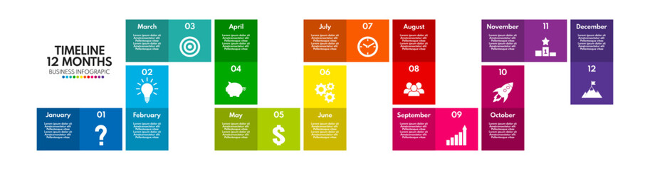 12 months or steps diagram, year strategy plan or project timeline, rainbow colors vector infographic template with business icons