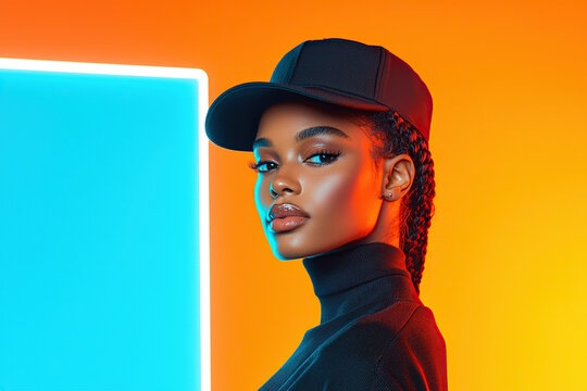 Confident androgynous model poses with vibrant orange background, wearing black cap and stylish attire, exuding charisma