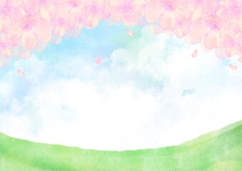 Fototapeta premium 青空と原っぱの水彩風桜背景｜桜,春,花,青空,草原