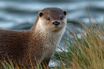 Wild European Otter looking at camera by water and reeds