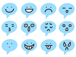 Cute Hand Drawn Light Blue Speech Bubble Emoji Icons Set with Various Facial Expressions