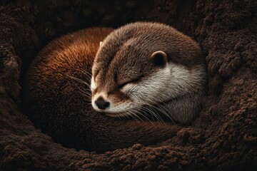 Fototapeta premium Otter sleeping curled up in a dirt burrow