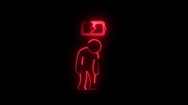 Tired, depleted human figure with a low battery symbol glowing in red neon animation on a black background representing burnout and exhaustion symbolizing low energy