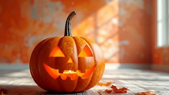 A carved pumpkin sits on wooden floor with autumn leaves, bathed in natural sunlight.