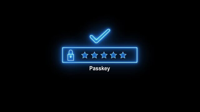 Animated neon blue passkey login screen with a lock icon and five stars, showing a verified checkmark and abstract glowing background, perfect for security and data protection concepts.
