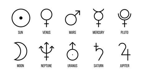 zodiac planets signs, horoscope symbols, astrological icons, sun, moon, venus, mars, mercury, pluto, neptune, uranus, saturn, jupiter © MasterSergeant
