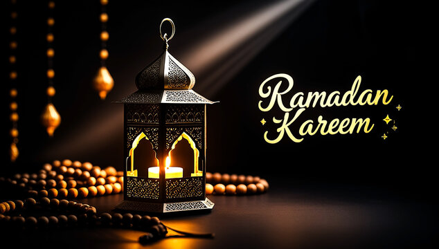 Ramadan Kareem Greeting with Glowing Islamic Lantern and Prayer Beads on Dark Background