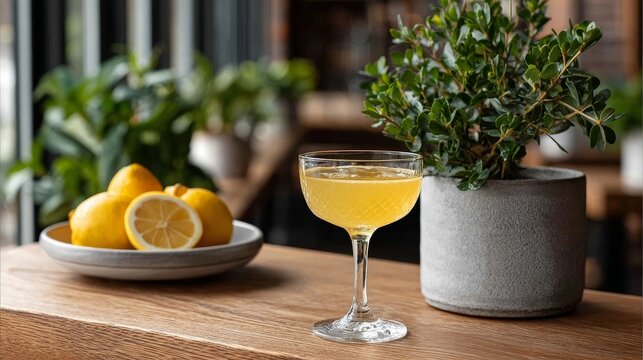 Fine and Dandy cocktail in Nick and Nora glass with gin, cointreau, lemon juice, and bitters, elegant and refreshing drink, stylish bar presentation, close-up