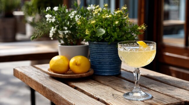 Fine and Dandy cocktail in Nick and Nora glass with gin, cointreau, lemon juice, and bitters, elegant and refreshing drink, stylish bar presentation, close-up