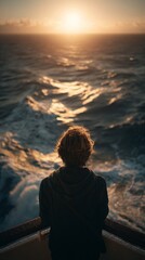 Fototapeta premium Person Enjoys Sunset Over Ocean Waves on a Calm Evening at Sea