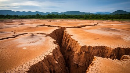 Cracked Dry Earth Landscape with Deep Fissure