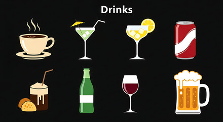 Diverse Collection of Refreshing Beverages and Hot Drinks on a Dark Background