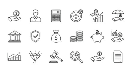 Fototapeta premium A collection of financial icons representing concepts like investment banking insurance and economic growth