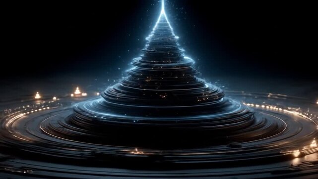 Abstract digital pyramid with light trails against black background