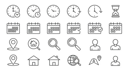 Fototapeta premium A collection of thin line icons depicting time management scheduling location and personal organization concepts