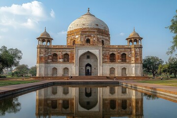 Obraz premium Grand domed mausoleum with ornate red sandstone and white marble facade flanked by small pavilions, perfectly mirrored in a calm reflecting pool under a clear blue sky, serene mood