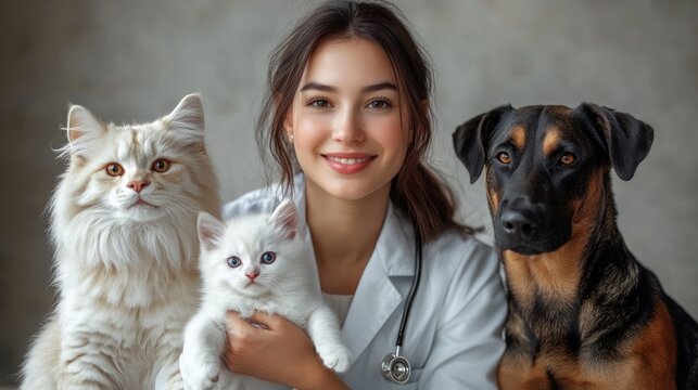 Caring veterinarian in white coat holding a small white kitten between a fluffy cream long-haired cat and a black and tan dog, calm affectionate scene