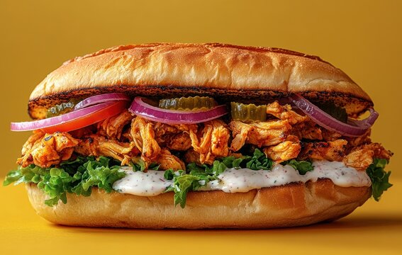 toasted sub sandwich overflowing with shredded spicy chicken, pickles, red onion, crisp lettuce and creamy dressing on a golden roll, mouthwatering and savory
