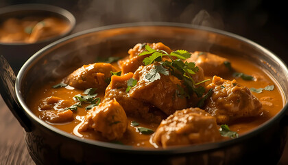 A steaming bowl of savory chicken curry with fresh herbs