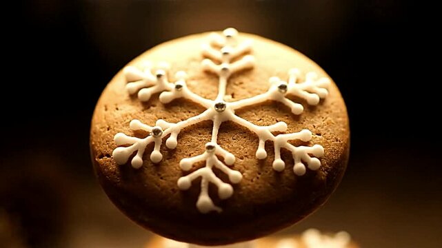 Deliciously decorated gingerbread cookie featuring intricate white icing shaped like a traditional snowflake ornament sits ready for a festive holiday celebration in low light