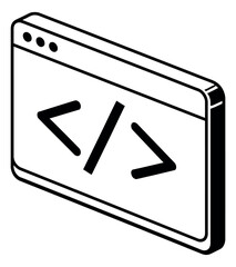 Isometric line art illustration of a browser window depicting coding symbols for web development