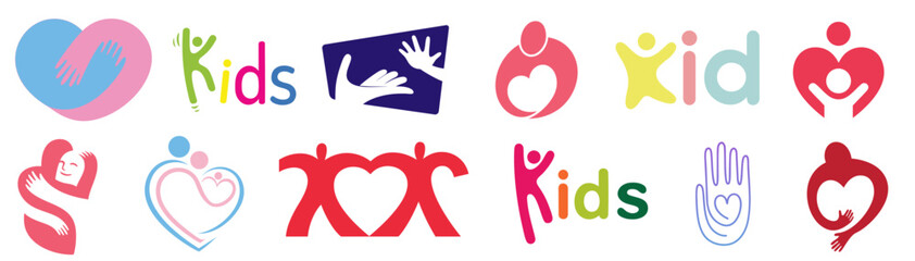 Fototapeta premium Kids and social charity logo set, nonprofit help and family support symbols, children care and humanitarian identity collection